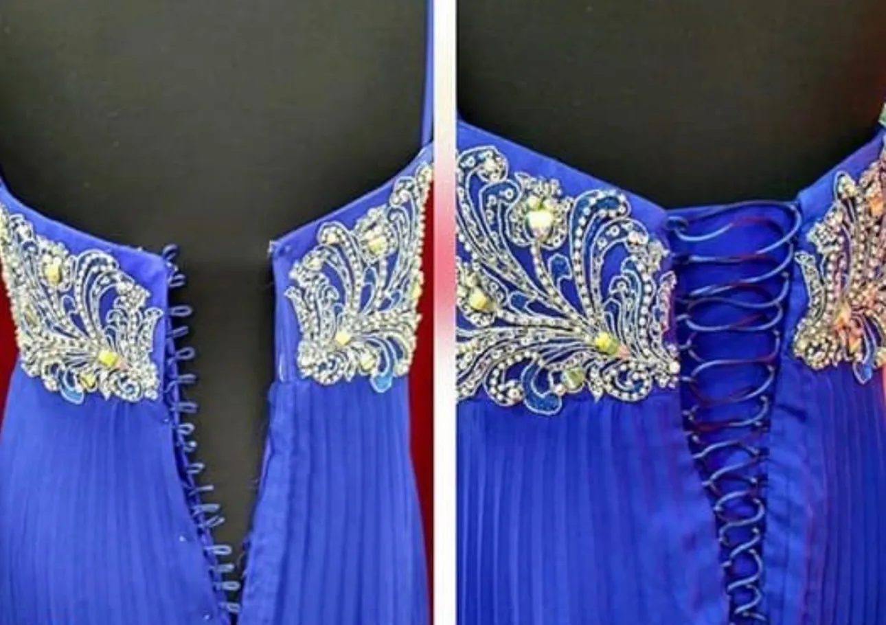 Blue beaded prom gown before and after alteration — a button closure that would not fasten, replaced with a laced corset back.