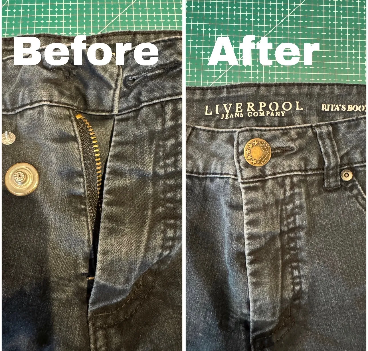 Black jeans before and after repair — a fly that no longer closed, rebuilt so the waistband fastens and sits flat.
