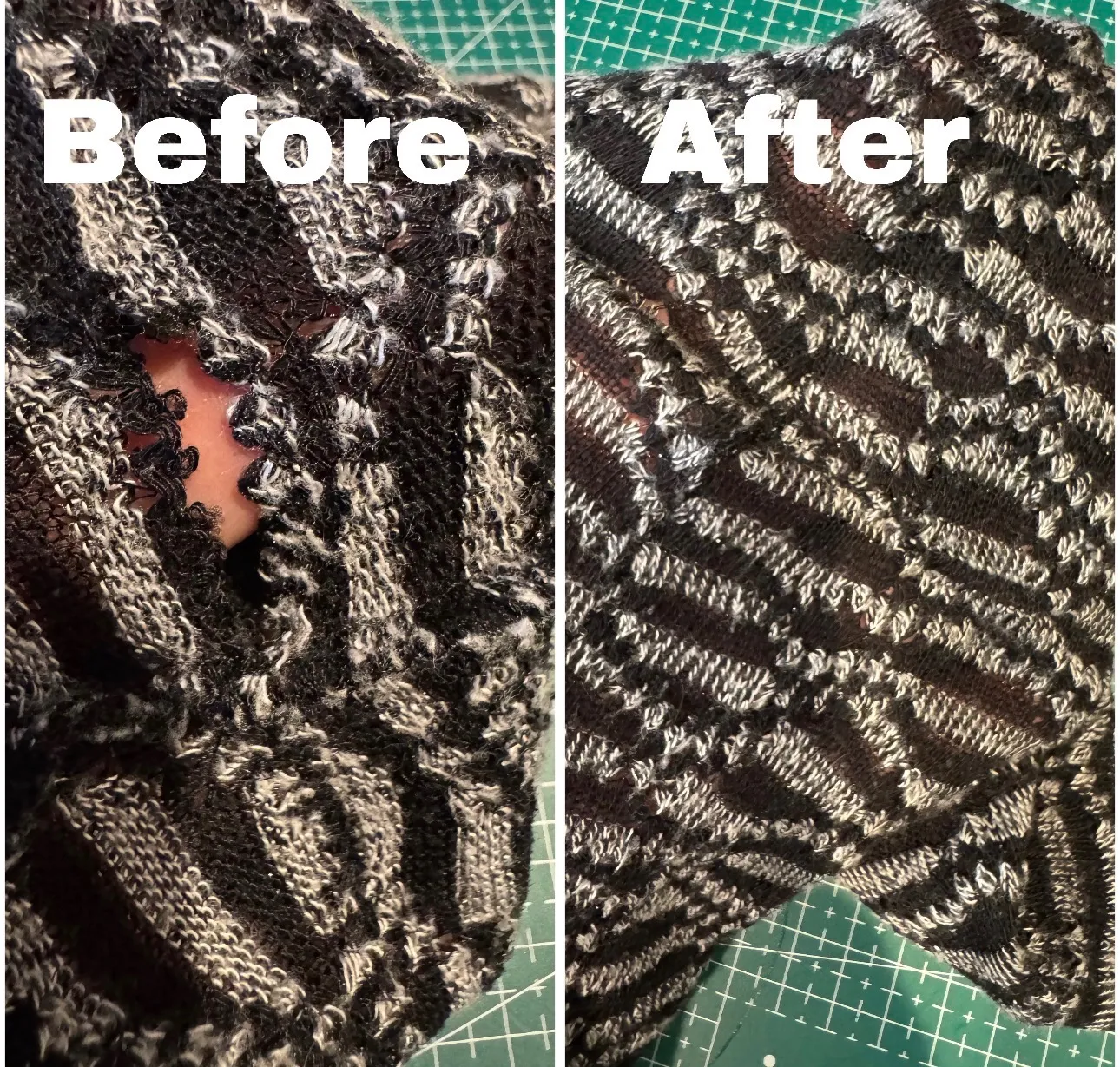 A torn hole in a black and white patterned knit, before and after mending — the broken stitches rebuilt by hand so the pattern runs through unbroken.