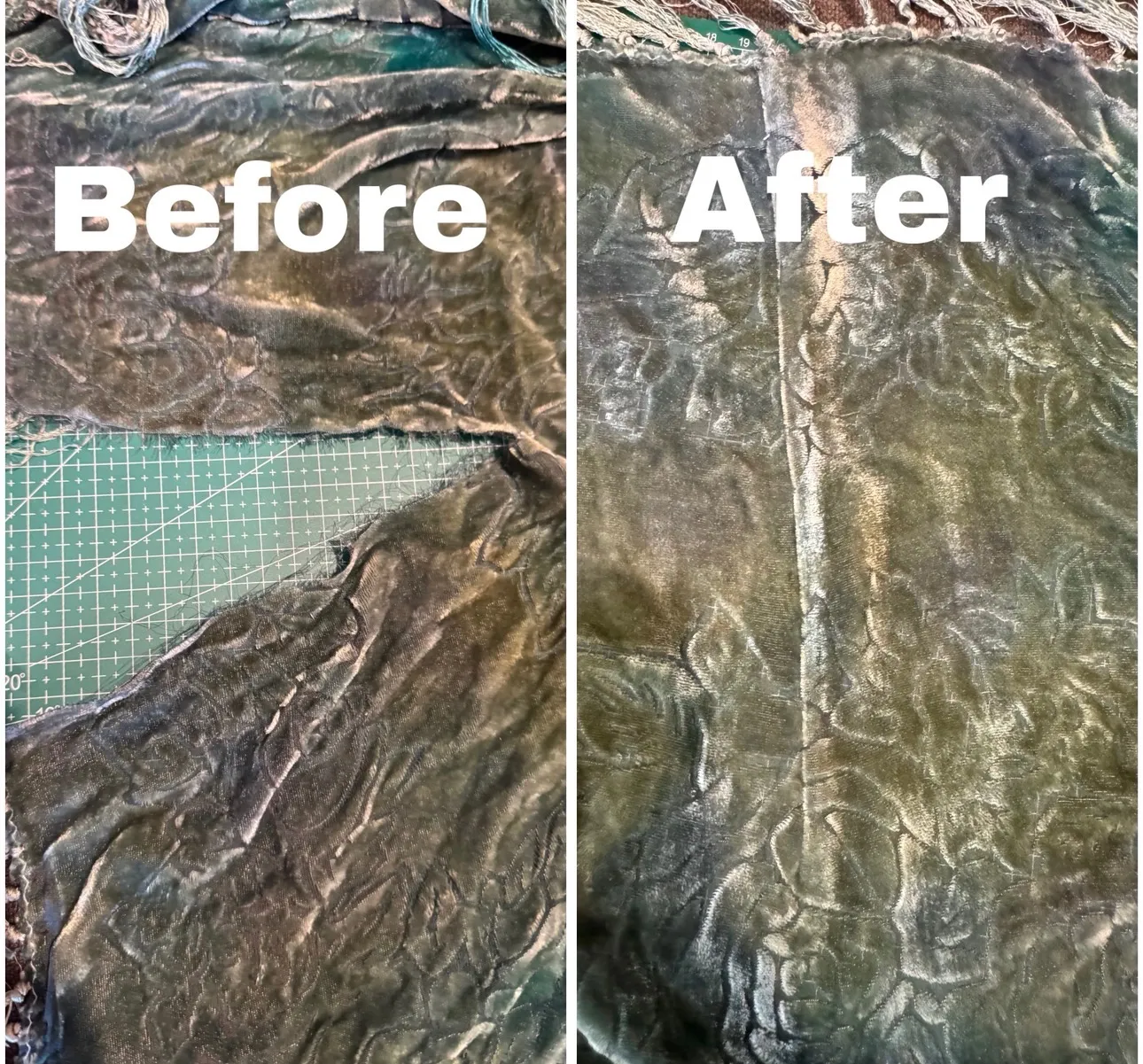 A split, frayed seam on fringed silk velvet, before and after repair — the raw edges rejoined into one clean seam that follows the pile.